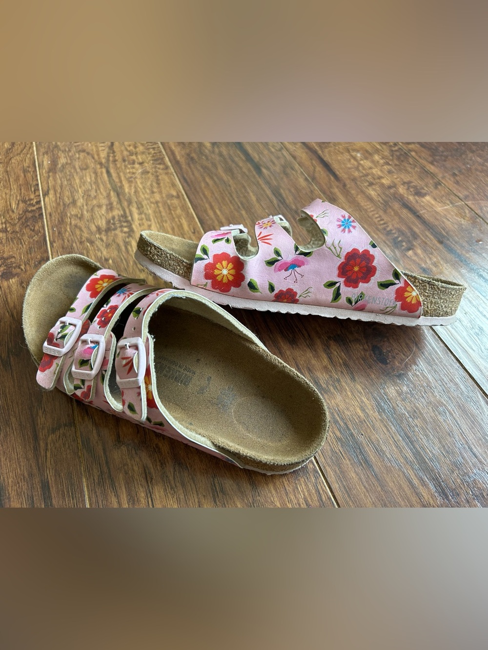Girls Birkenstock Pink Floral Triple-Strap Sandals
